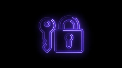 Neon lock and key glowing purple on black background abstract security conc.. Stock Footage 346139145