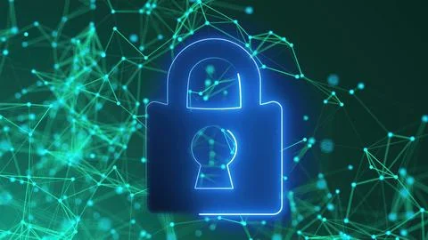 Neon lock with connection dots Stock Illustration