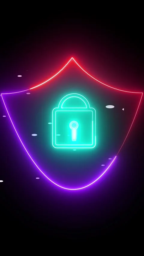 Neon Lock Icon Inside a Multi- Colored Glowing Shield on Dark Background wi.. Stock Footage 337460071