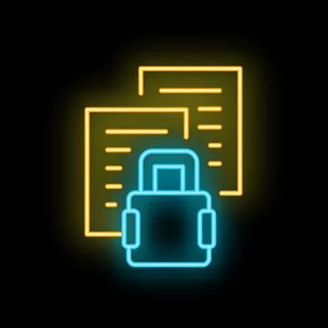 Neon lock protecting documents icon illustrating cybersecurity concept Stock Illustration