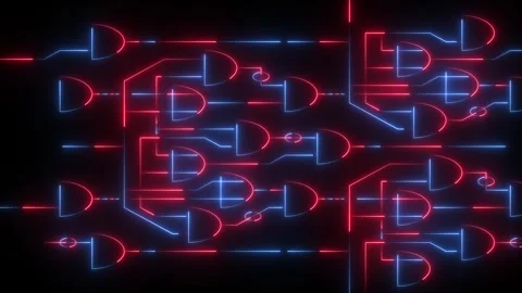 Neon logic gates with glowing blue and red circuit lines Stock Footage 345111261