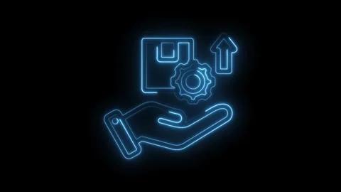 Neon logistics automation icon animation glowing hand holding package gear .. Stock Footage 346006349