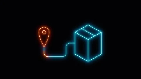 Neon logistics icon: delivery box with location pin tracking animation on b.. Vidéo 344861885