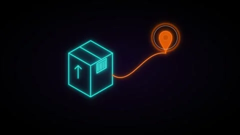 Neon logistics icon: parcel delivery tracking with map pin animation on bla.. Stock Footage 344861913