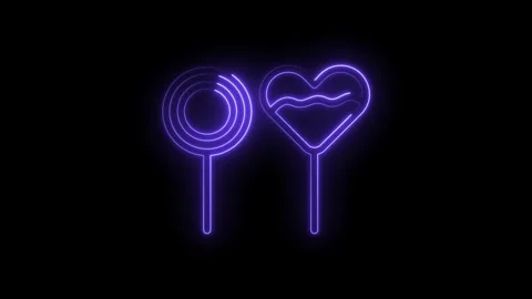 Neon lollipops animation glowing round and heart shaped candy isolated on black Stock Footage 322961658