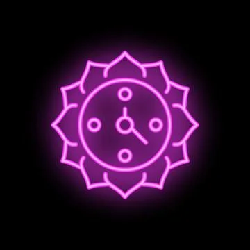 Neon lotus flower surrounding clock on black background Stock Illustration