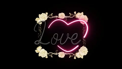 Neon love text animation featuring glowing pink typography surrounded by Vídeo Stock 343734331