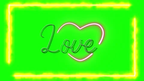 Neon love text animation featuring glowing frames and animated heart symbols on Stock Footage 345334282