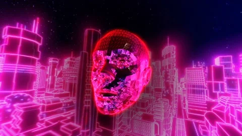 Neon low poly cityscape animation with faceted head. Seamless retro futuristic Stock Footage 98446355