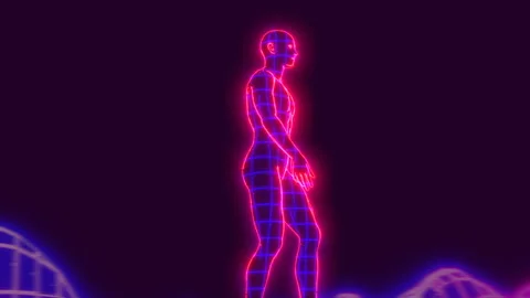 Neon low poly grid walking human figure animation. Seamless retro futuristic Stock-Footage 98445118
