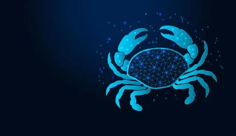 Neon low poly wireframe cancer zodiac sign on dark blue background. Stock Illustration