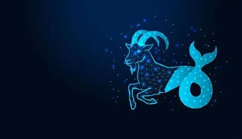 Neon low poly wireframe capricorn zodiac sign on dark blue background. Stock Illustration