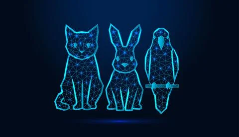 Neon low poly wireframe cat rabbit and parrot sitting together on dark blue back Stock Illustration