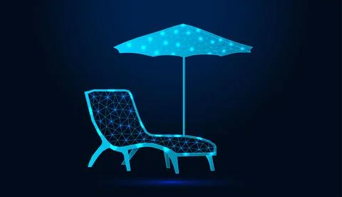 Neon low poly wireframe chaise lounge with beach umbrella on dark blue backgroun Stock Illustration