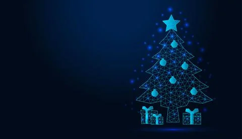 Neon low poly wireframe christmas tree with gifts on dark blue background. Stock Illustration