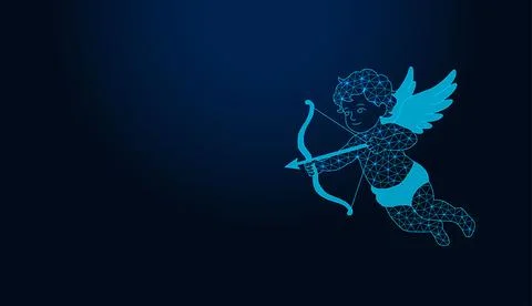 Neon low poly wireframe cupid angel shooting bow and arrow on dark blue backgrou Stock Illustration