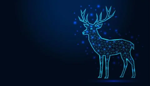 Neon low poly wireframe deer on dark blue background. Stock Illustration
