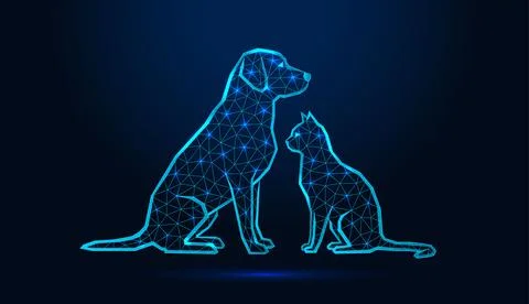 Neon low poly wireframe dog and cat sitting together on dark blue background. Stock Illustration