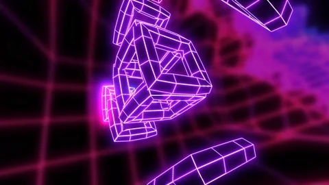 Neon low poly wireframe figures animation. Seamless retro futuristic background. Stock Footage 98446111