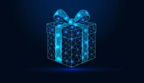 Neon low poly wireframe gift box with ribbon bow on dark blue background. Stock Illustration