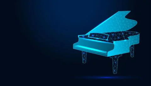 Neon low poly wireframe grand piano on dark blue background. Stock Illustration