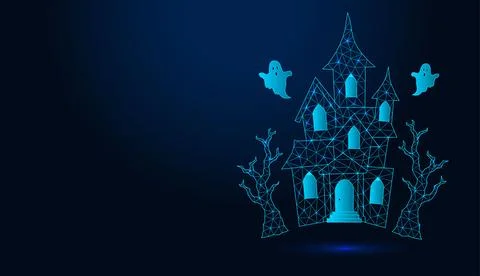 Neon low poly wireframe haunted house with ghosts and spooky trees on dark blue  Stock Illustration