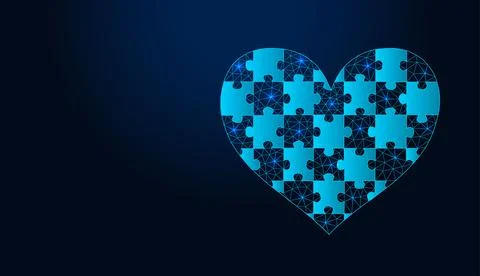 Neon low poly wireframe heart made of puzzle pieces on dark blue background. Stock Illustration