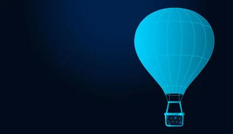 Neon low poly wireframe hot air balloon flying on dark blue background. Stock Illustration