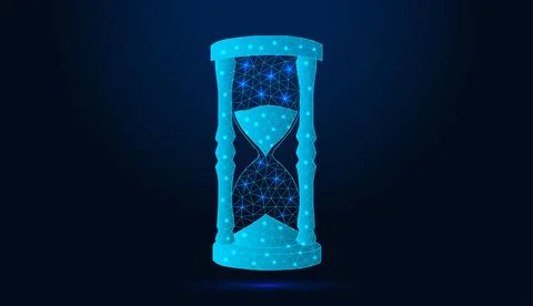 Neon low poly wireframe hourglass on dark blue background. 스톡 일러스트