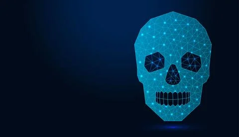 Neon low poly wireframe human skull on dark blue background. Stock Illustration