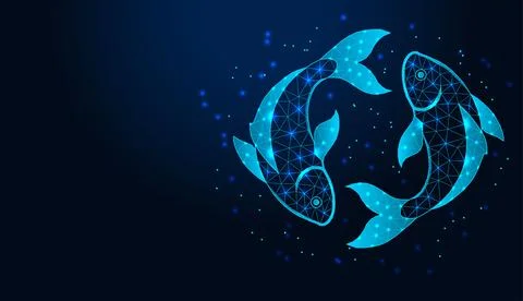 Neon low poly wireframe pisces zodiac sign on dark blue background. Stock Illustration