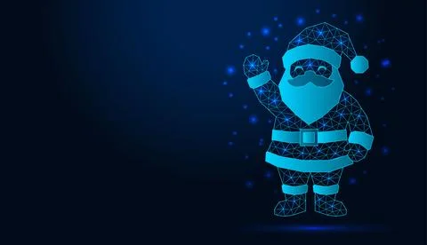 Neon low poly wireframe santa claus waving hand on dark blue background. Stock Illustration