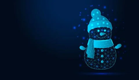Neon low poly wireframe snowman in hat and scarf on dark blue background. Stock Illustration