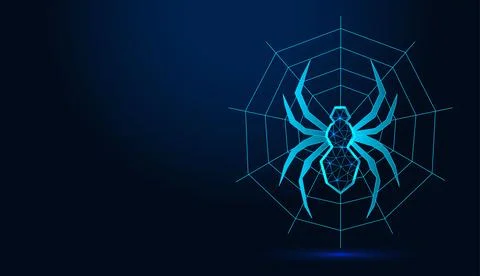 Neon low poly wireframe spider on cobweb web on dark blue background. Stock Illustration