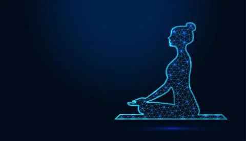 Neon low poly wireframe woman meditating in lotus position on dark blue backgrou Stock Illustration