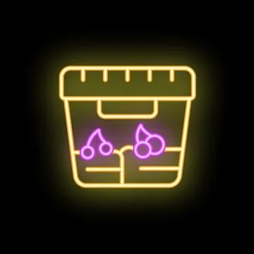 Neon lunch box icon glowing on dark background Stock Illustration