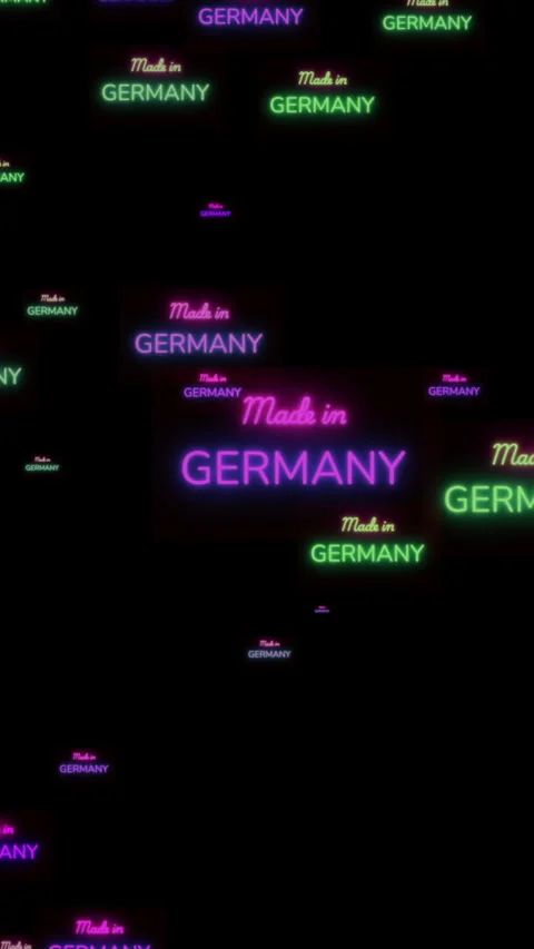 Neon Made In Germany Labels Floating On Black Background For Manufacturing .. Stock Footage 337738396