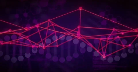 Neon magenta wireframe reacting to data pulse, forming peaks, pulsing nodes, Stock Footage 334184593