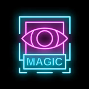 Neon magic sign with eye icon showing illusionist show Stock Illustration