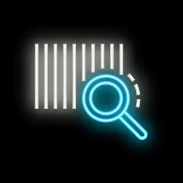 Neon magnifying glass analyzing a barcode on black background 스톡 일러스트