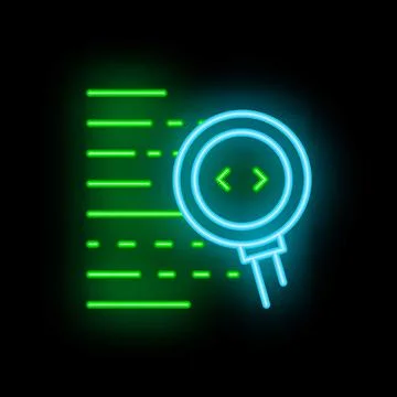 Neon magnifying glass analyzing code lines, programming concept Stockillustratie