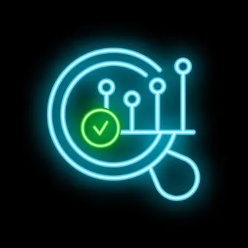 Neon magnifying glass analyzing data with check mark symbol Stockillustratie