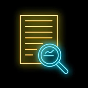 Neon magnifying glass analyzing document for statistical data イラスト素材