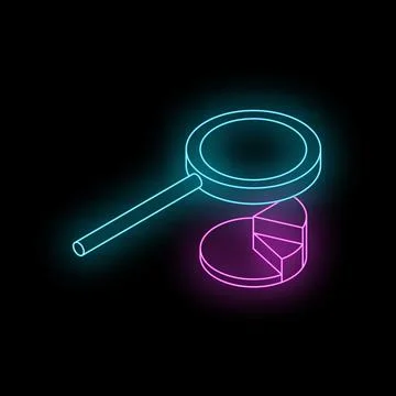 Neon magnifying glass analyzing pie chart on black background イラスト素材