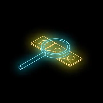 Neon magnifying glass examining banknotes on black background Stock Illustration