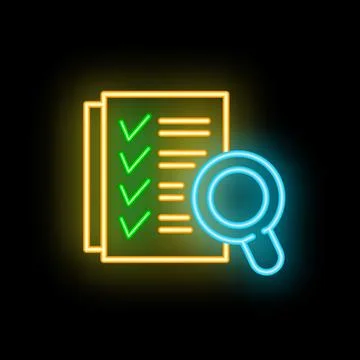 Neon magnifying glass exploring checked checklist on black background Stock Illustration