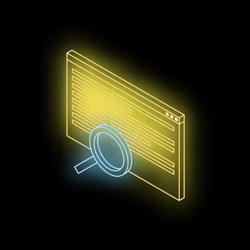 Neon magnifying glass exploring code on computer screen 스톡 일러스트