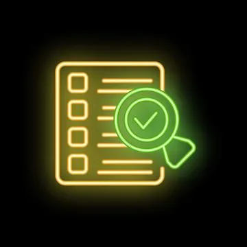 Neon magnifying glass hovering over checklist on black background Stock Illustration