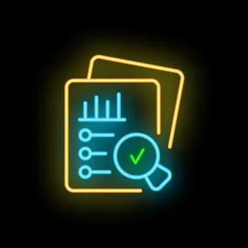 Neon magnifying glass hovering over documents for auditing Stock Illustration
