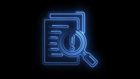 Neon magnifying glass over document exclamation point indicates error problem Stock Footage 330777768